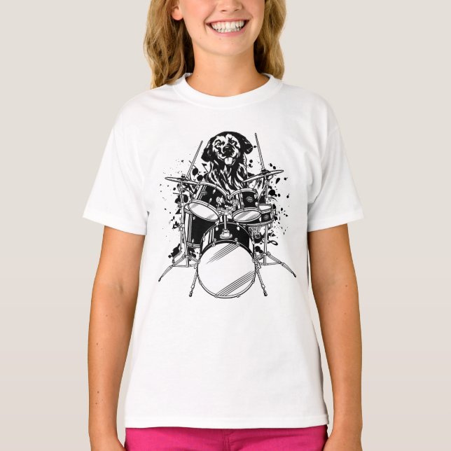 Dog Drummer Playing Drums Girl T-Shirt (Vorderseite)