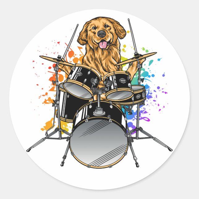 Dog Drummer Playing Drums Runder Aufkleber (Vorderseite)