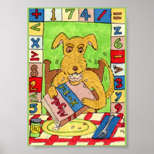 Dog Eating Mathe Hausaufgaben Mini Folk Art Poster