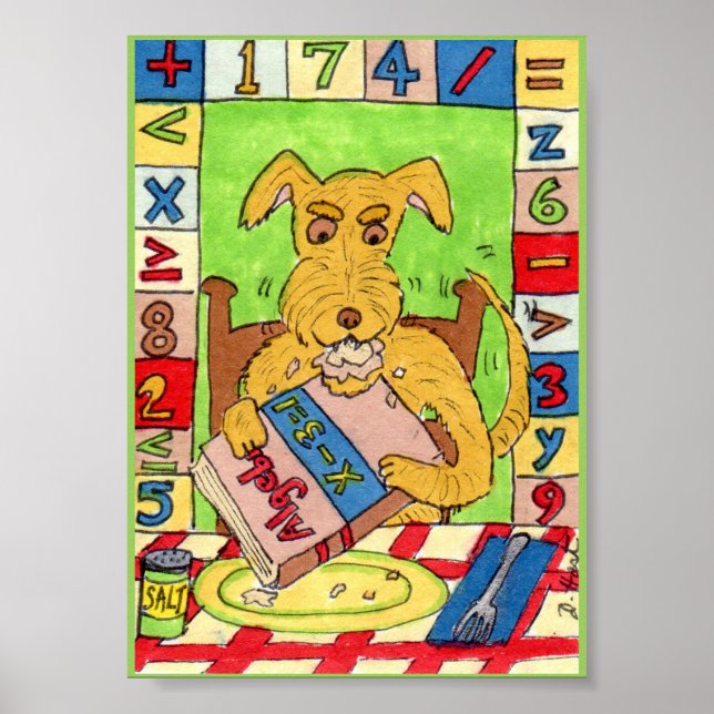 Dog Eating Mathe Hausaufgaben Mini Folk Art Poster (Vorne)