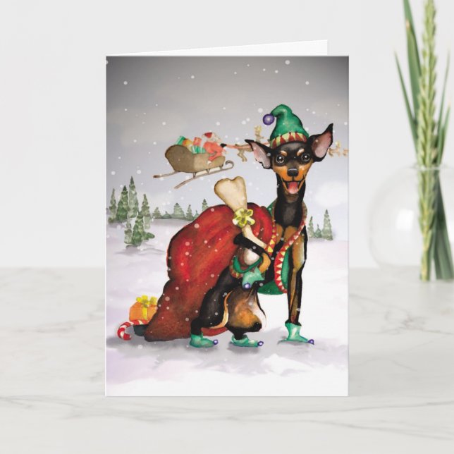 Dog Elf - Miniatur Pinscher Weihnachtskarte Feiertagskarte (Vorderseite)