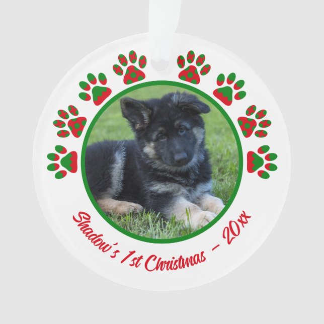 Dog Erste Weihnachtszeit Foto Paw Print Red Ornament (Vorderseite)