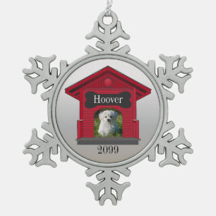 Dog Foto Hochladen Dog House w Knochen Weihnachten Schneeflocken Zinn-Ornament