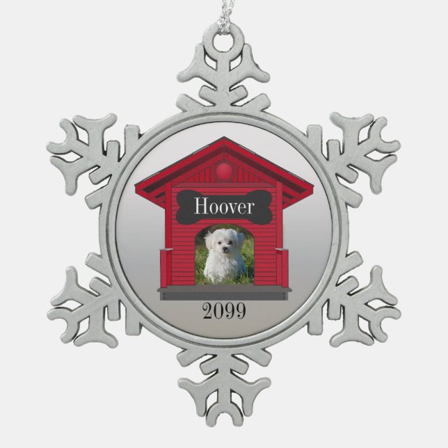 Dog Foto Hochladen Dog House w Knochen Weihnachten Schneeflocken Zinn-Ornament (Vorderseite)