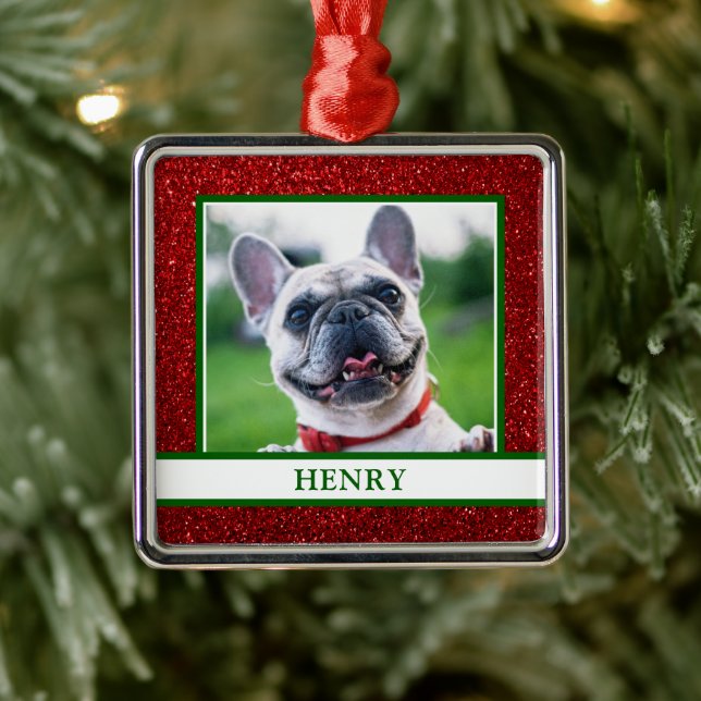 Dog Foto Weihnachten Roter Glitzer Name Ornament Aus Metall (Baum)