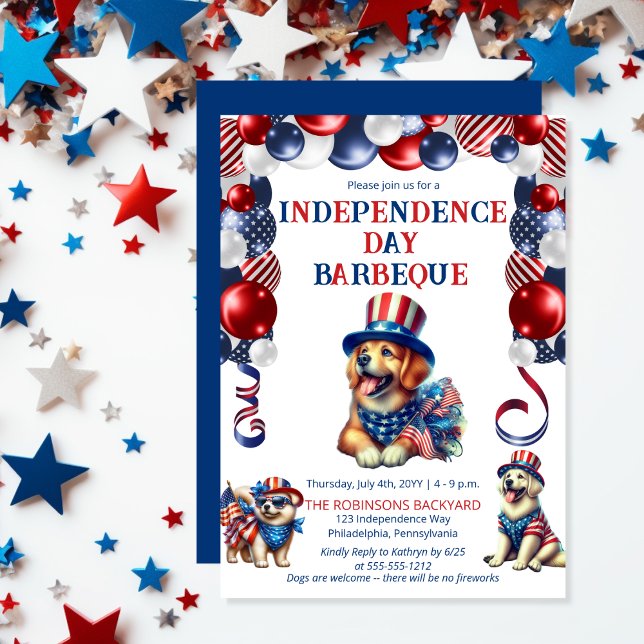 Dog Friendly No Fireworks 4. Juli GRILLEN Party Einladung (Balloon Arch Cute Dogs Dog-Friendly Independence Day BBQ July 4 Invitation)