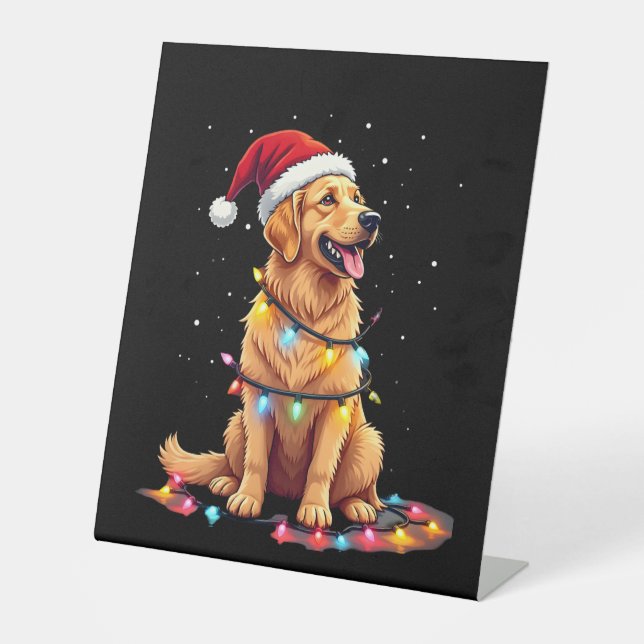 Dog Golden Retriever Santa Christmas Xmas Lights ( Sockelschild (Vorderseite)