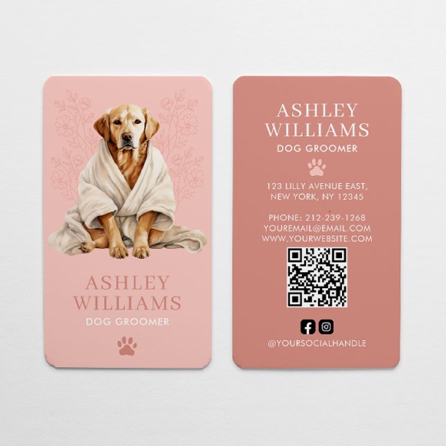 Dog Groomer Blush Pink Eleganter QR Code Visitenkarte (Von Creator hochgeladen)