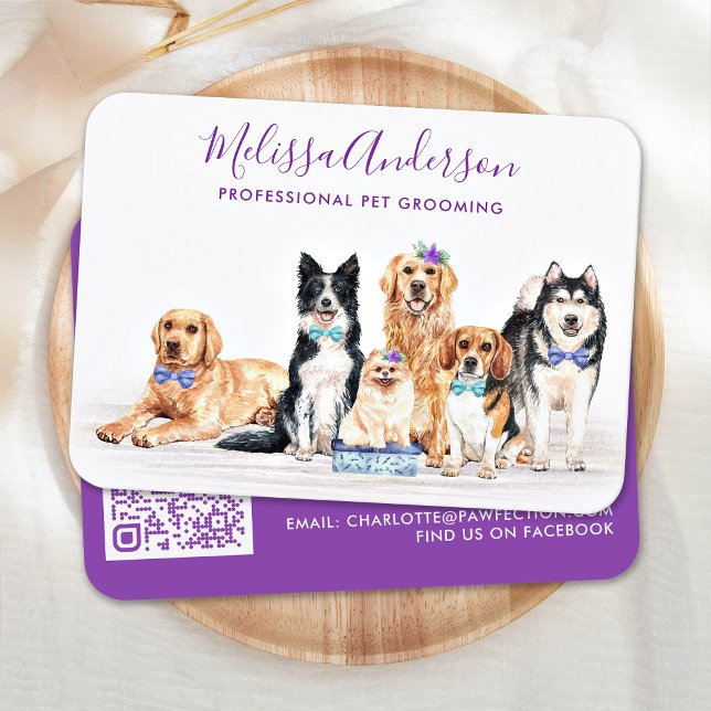 Dog Groomer Pet Sitting Watercolor QR Code Busines Visitenkarte (Von Creator hochgeladen)