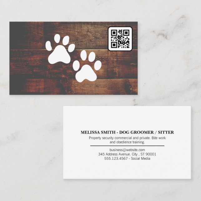 Dog Groomer | QR CODE | Paws | Wood Business Card Visitenkarte (Vorne/Hinten)