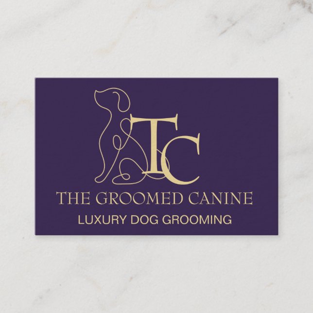 Dog Grooming Business Card Deep Plum & Gold Visitenkarte (Vorderseite)