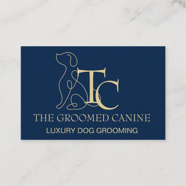 Dog Grooming Business Card Oxford Blue & Gold Visitenkarte (Vorderseite)