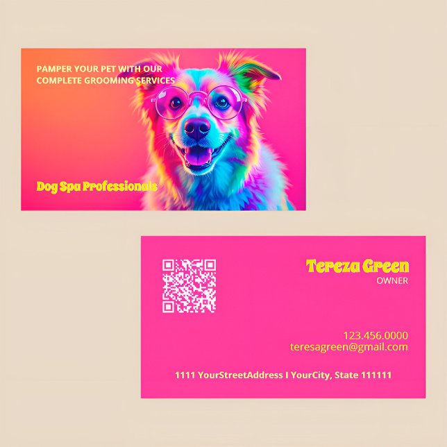 Dog Grooming Neon QR Visitenkarte (Dog Grooming Business Cards)