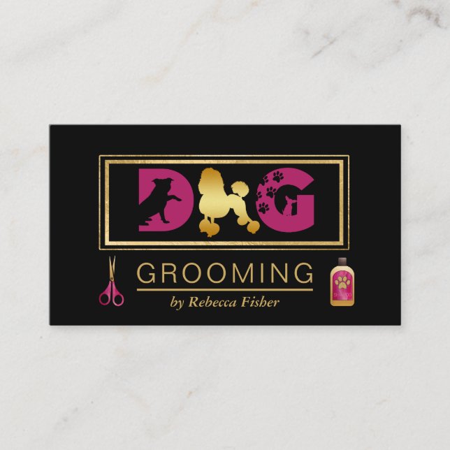 Dog Grooming Services Black Pink Business Card Visitenkarte (Vorderseite)