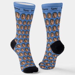 Dog Head Face Socks mit Name auf blau Socken