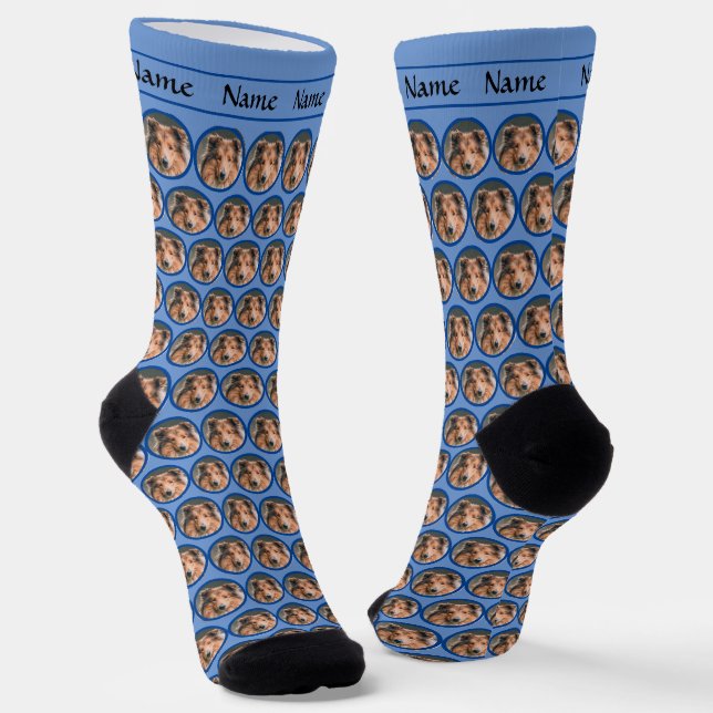 Dog Head Face Socks mit Name auf blau Socken (Gewinkelt)