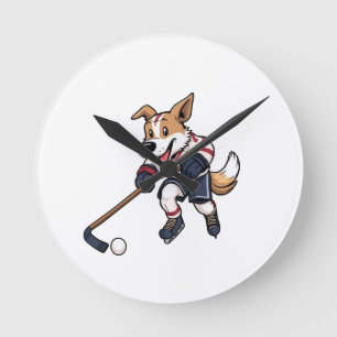 Dog Hockey Player Runde Wanduhr