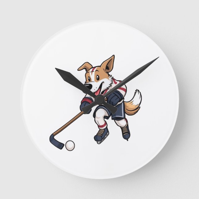Dog Hockey Player Runde Wanduhr (Vorderseite)