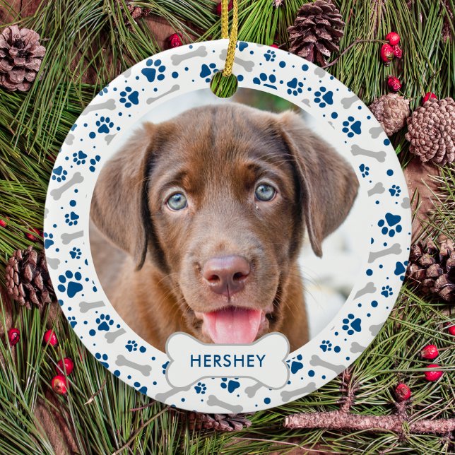 Dog Holiday Paw Prints Blue Personalisiert Pet Fot Keramik Ornament (Von Creator hochgeladen)