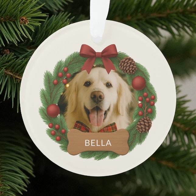Dog Holiday Weihnachten Foto Red Bow Name Wreath Ornament (Von Creator hochgeladen)