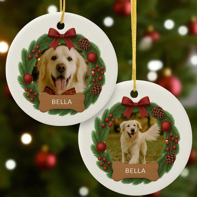 Dog Holiday Weihnachts-Foto Individuelle Name Wrea Keramik Ornament (Von Creator hochgeladen)