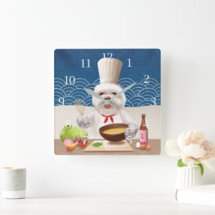 Dog In Chef Hat Cooks Soup Square Wall Clock Quadratische Wanduhr