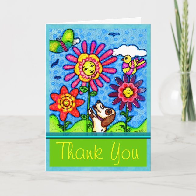 Dog in den Blume Art Grußkarte / Danke (Vorderseite)