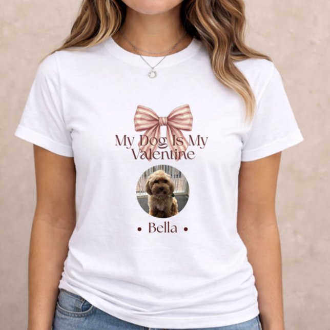Dog Is My Valentine – Dog Lover Valentine Gift Tri-Blend Shirt (Soft romantic t-shirt with dog photo and bow design on neutral studio background)