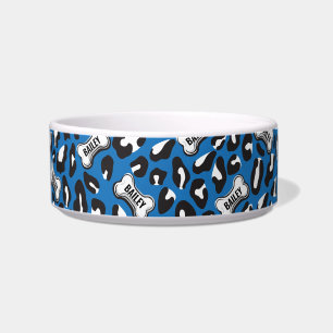 Dog Knochen Leopard Print Custom Pet Name Blau Sch Napf