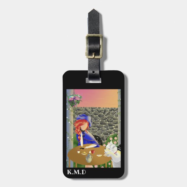 Dog & Lady im Café bei Sonnenuntergang Gepäckmarke Gepäckanhänger (Vorderseite vertikal)