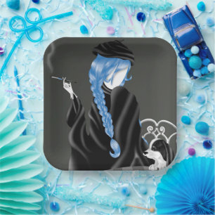 Dog & Lady im Café Blue Hair Paper Plate Pappteller