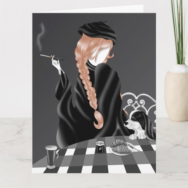 Dog & Lady im Café Brown Hair Greetings Card Karte (Vorderseite)