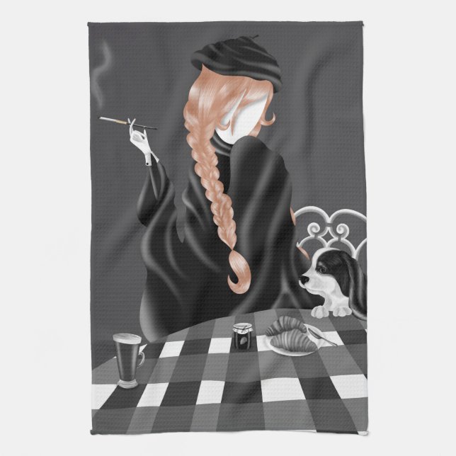Dog & Lady im Café Brown Hair Tee Handtuch (Vertikal)
