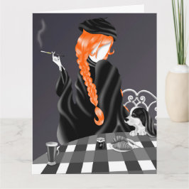Dog & Lady im Café Ginger Hair Greetings Card Karte