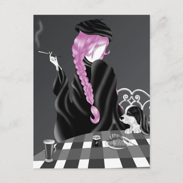 Dog & Lady im Café Pink Hair Postcard Postkarte (Vorderseite)