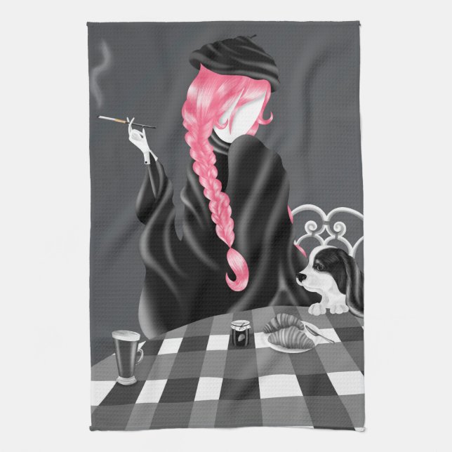 Dog & Lady im Café Pink Hair Tee Handtuch (Vertikal)
