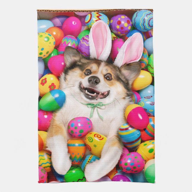 Dog Laying on Easter Eggs Geschirrtuch (Vertikal)