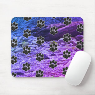 Dog Lover Blue Lila Clouds Black Puppy Paw Print Mousepad