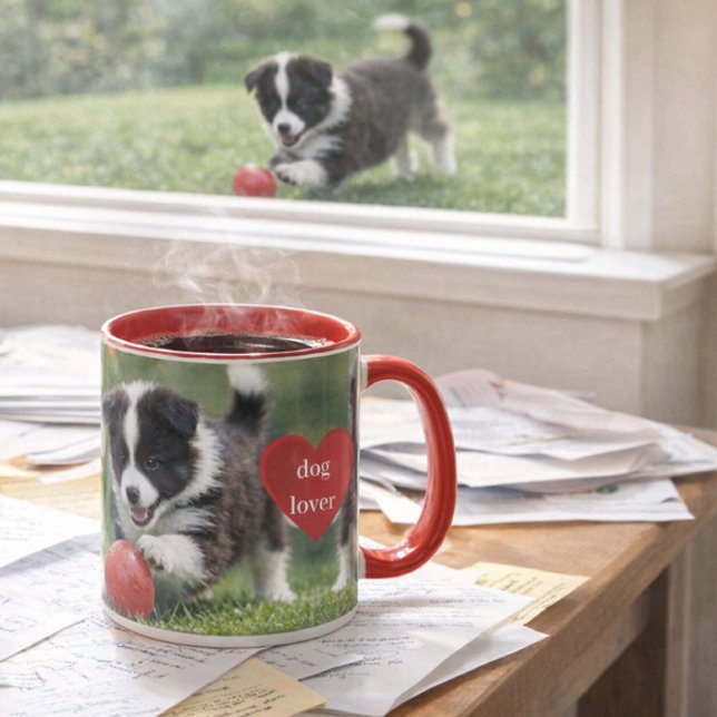 Dog Lover Border Collie  Tasse (Messy desk, loyal Border Collie pup this mug celebrates real dog‑lover mornings with heart and steam)