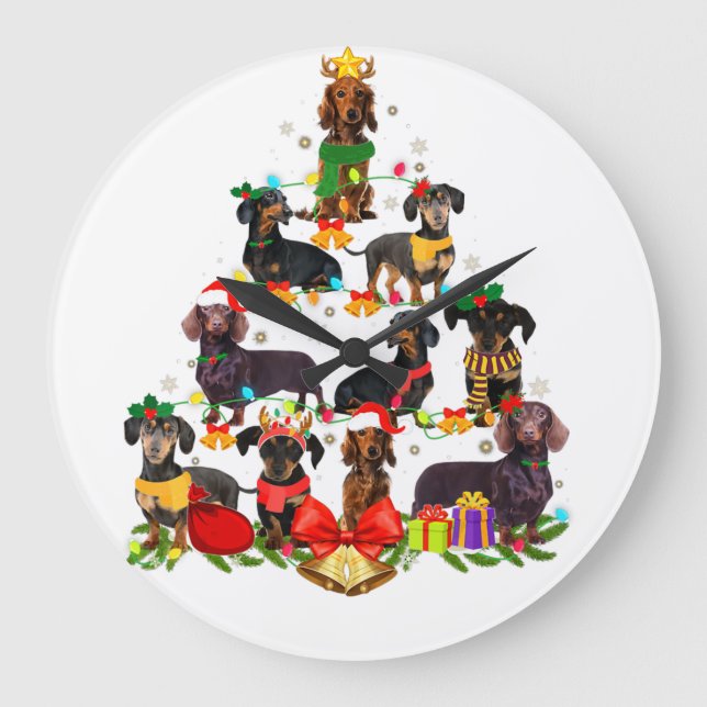 Dog Lover gibt Dackel Tree Weihnachtslicht Große Wanduhr (Vorderseite)