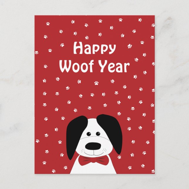 Dog Lover "Happy Woof Year" Weihnachtskarte Postkarte (Vorderseite)