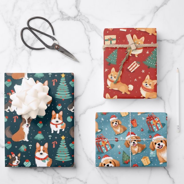 Dog Lovers Weihnachts Muster Niedlich Holiday Corg Geschenkpapier Set (Vorderseite)