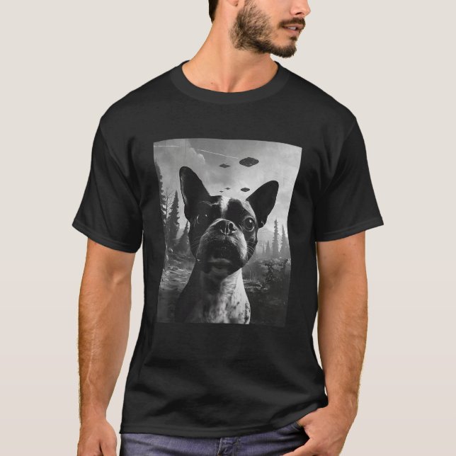 Dog Mom Dad Funny Alien Selfie Boston Terrier UFO  T-Shirt (Vorderseite)