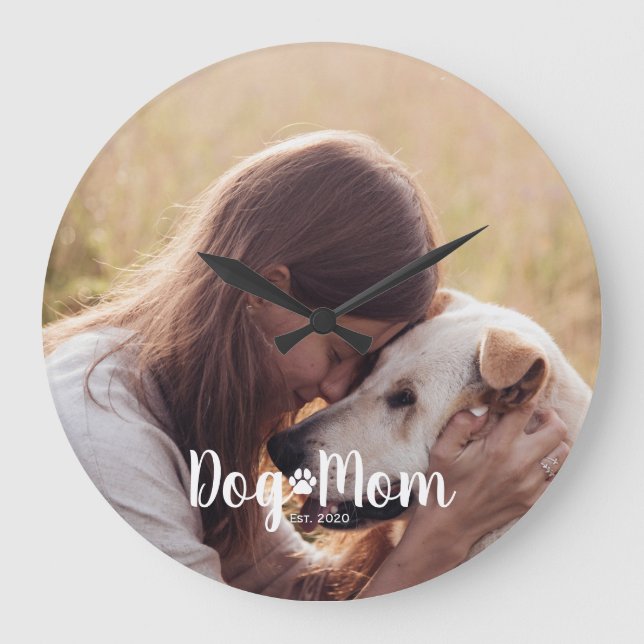 Dog Mom Established Script Photo Große Wanduhr (Vorderseite)