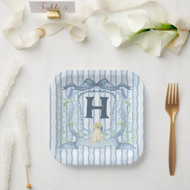 Dog Monogramm Blaue Streifen Pappteller (Hochzeit)