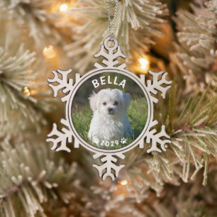 Dog Name Year Paw druckt benutzerdefiniertes Foto Schneeflocken Zinn-Ornament