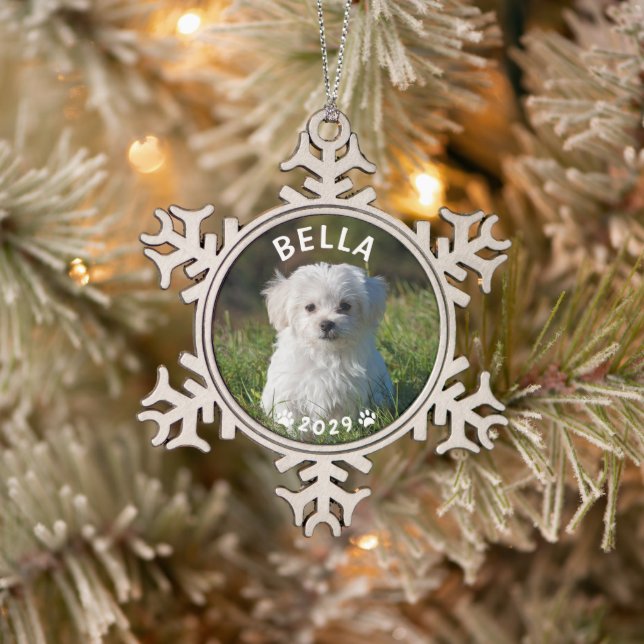 Dog Name Year Paw druckt benutzerdefiniertes Foto Schneeflocken Zinn-Ornament (Baum)