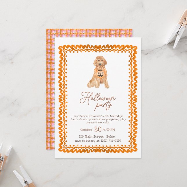 Dog Orange Preppy Pumpkin Halloween-Party Einladung (Vorderseite/Rückseite Beispiel)
