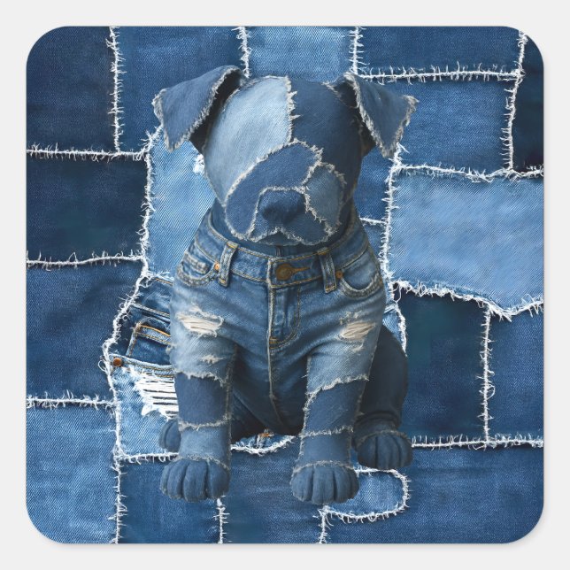 Dog Patchwork Art Denim Quadratischer Aufkleber (Vorderseite)