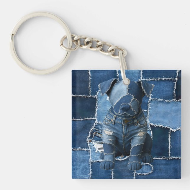 Dog Patchwork Art Denim Schlüsselanhänger (Vorderseite)